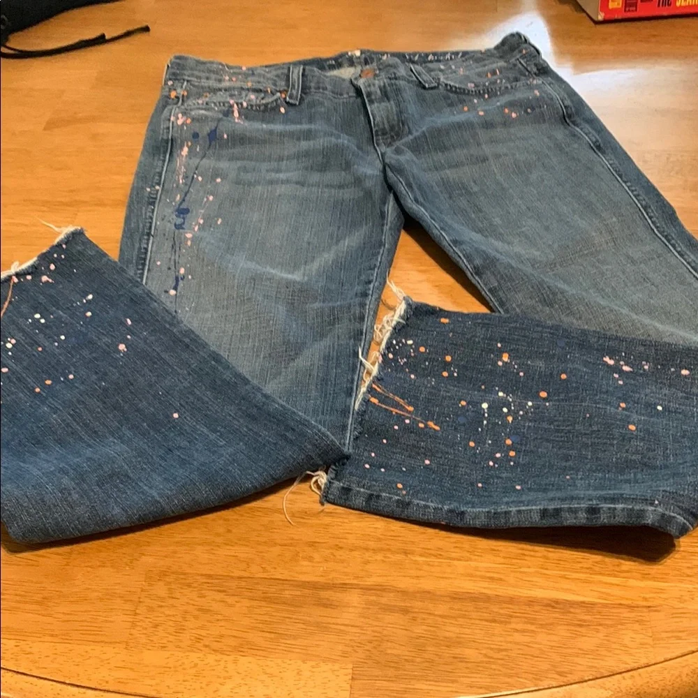 7 For All Mankind Blue Straight Leg Jeans with Paint Splatter